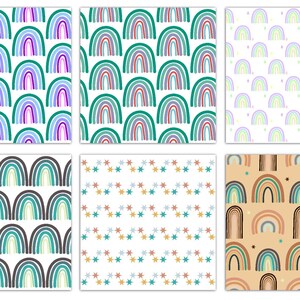 Peut inclure: Une collection de six motifs sans couture color&eacute;s avec des arcs-en-ciel et des &eacute;toiles. Les motifs comprennent diverses combinaisons de couleurs, telles que le bleu, le vert, le violet et le marron, sur un fond blanc ou beige. Ces motifs conviennent &agrave; diverses applications.