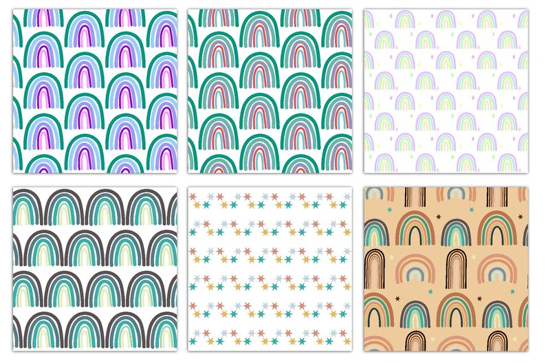 Peut inclure: Une collection de six motifs sans couture color&eacute;s avec des arcs-en-ciel et des &eacute;toiles. Les motifs comprennent diverses combinaisons de couleurs, telles que le bleu, le vert, le violet et le marron, sur un fond blanc ou beige. Ces motifs conviennent &agrave; diverses applications.