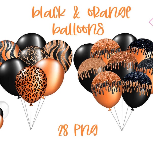 Black orange combo, balloon clipart, balloons bunches, transparent png, glitter sparkle, animal print, leopard tiger, single combos, tangeri