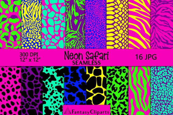 Neon Safari Animal Print Digital Paper | Colorful Cheetah Print Seamless Pattern | Pink Leopard Print Textures JPG | Africa Skin Backgrounds Il_570xn