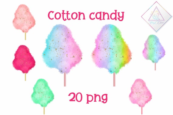 Cotton candy, digital clipart, watercolor sweets, fluffy clip art, pastel unicorn, rainbow png, gold glitter, carnival food, golden confetti Il_570xn