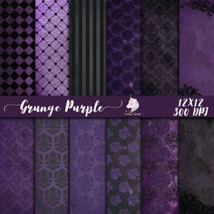 Purple grunge paper, halloween paper pack, scrapbook paper, purple damask, black floral lace, distressed textures, rose pattern art, gothic