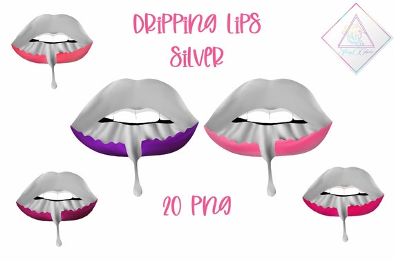Silver drippings, dripping lips, metallic drips, digital clipart, lip clip art, biting lips, sexy mouth, sensual graphics, lips bundle png, Il_570xn