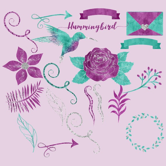 Purple and mint hummingbird clipart, watercolor clip art with transparent background, silver glitter details, watercolour floral elements Il_570xn