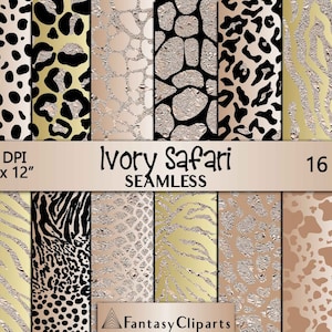 Ivory Glitter Safari Animal Print Digital Paper | Beige Cheetah Seamless Pattern | Tan Leopard Print Textures | Cream Zebra Background 12x12