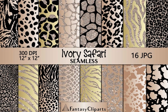 Ivory Glitter Safari Animal Print Digital Paper | Beige Cheetah Seamless Pattern | Tan Leopard Print Textures | Cream Zebra Background 12x12 Il_570xn
