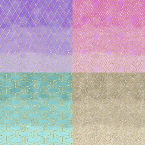 May include: A digital collage of four different patterns with a gold glitter overlay. The top left pattern is a light purple and white diamond pattern. The top right pattern is a pink and white diamond pattern. The bottom left pattern is a teal and gold geometric pattern. The bottom right pattern is a silver and gold wave pattern.