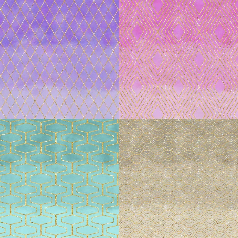 May include: A digital collage of four different patterns with a gold glitter overlay. The top left pattern is a light purple and white diamond pattern. The top right pattern is a pink and white diamond pattern. The bottom left pattern is a teal and gold geometric pattern. The bottom right pattern is a silver and gold wave pattern.