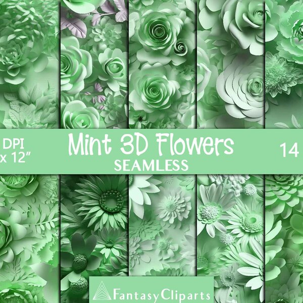 Mint 3D Flowers Digital Paper | Pastel Seamless Patterns | Floral Roses Daisies | Pastel Green Textures | Tileable Printables Sublimation