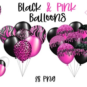 Zwart roze combo, ballon clipart, ballonnen trossen, transparante png, glitter schittering, dierlijke print, luipaard tijger, enkele combo's, confetti