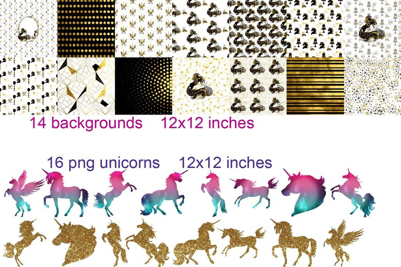 Unicorn huge bundle of clipart and digital paper, rainbow lace overlay png, unicorn textures and wood backgrounds, black and galaxy unicorns image 6