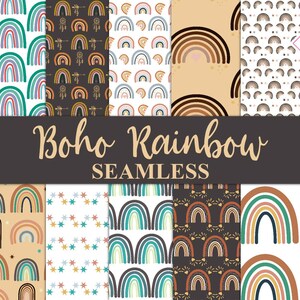 Peut inclure: Plusieurs motifs sans couture avec des motifs d'arc-en-ciel boh&egrave;mes. Les motifs pr&eacute;sentent divers styles d'arc-en-ciel dans des tons terreux, sarcelle et pastel. Le texte "Boho Rainbow SEAMLESS" est affich&eacute; sur l'image.