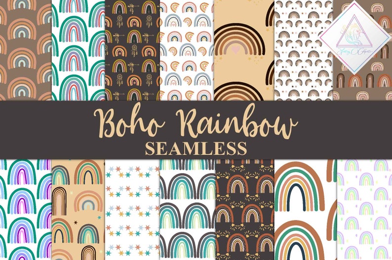 Peut inclure: Plusieurs motifs sans couture avec des motifs d'arc-en-ciel boh&egrave;mes. Les motifs pr&eacute;sentent divers styles d'arc-en-ciel dans des tons terreux, sarcelle et pastel. Le texte "Boho Rainbow SEAMLESS" est affich&eacute; sur l'image.