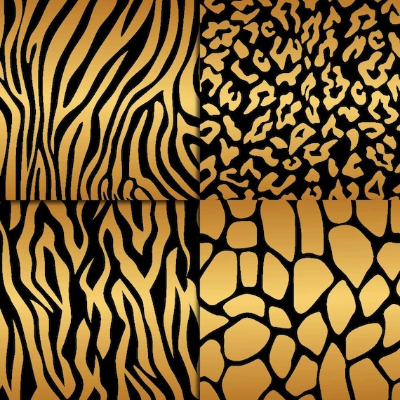 Gold Animal Print, Black Background, Safari Zoo Animals