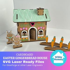 Casa de jengibre de conejo de Pascua de cartón, casa de muñecas, decoración de mesa de primavera, estante para colocar en la estantería, fiesta de pintura, regalo para niños, descarga de SVG cortado con láser
