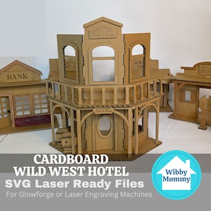 Cardboard Wild West Hotel Miniature Toy Doll House - Archivos digitales listos para láser - SVG - Glowforge Table Decor Centerpiece