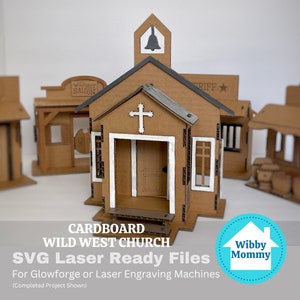 Cartón Wild West Church Schoolhouse Miniatura Toy Doll House - Archivos digitales listos para láser - SVG - Glowforge Table Decor Centerpiece