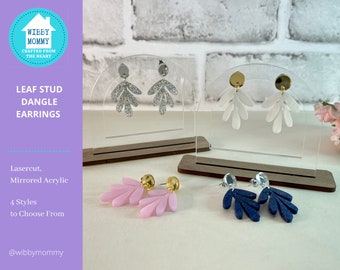 Leaf Dangle Earrings Gold Silver Pink Pearl Blue Glitter Mirrored Acrylic - Laser Cut Handmade Bridesmaid Gifts for Her