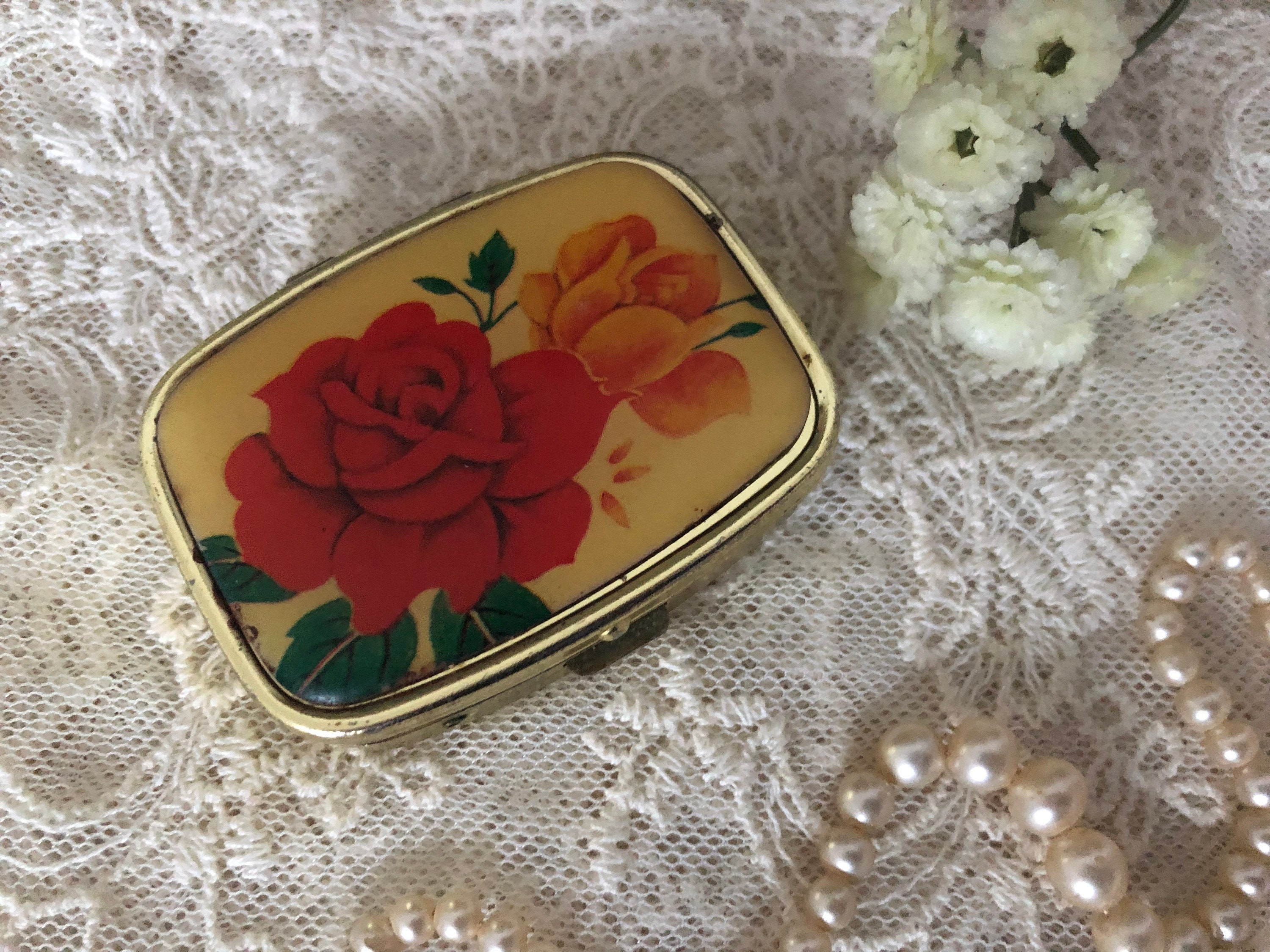 Vintage Stratton Ellipse Floral  Pill Box