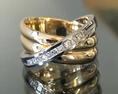 Diamond Crisscross Ring in 14K Yellow White Gold - Custom Made Statement Ring - Made in Canada - Size 6