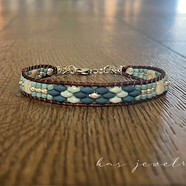 Blue Beaded Leather Cuff Bracelet Gift for Her