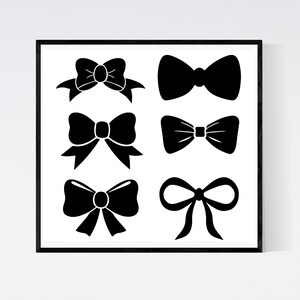 May include: A black and white printable design sheet with six different bow and bow tie shapes. The shapes are arranged in a grid pattern.