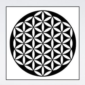 Könnte beinhalten: Ein geometrisches Muster in Schwarz und Weiß, bekannt als Blume des Lebens, ist in einer kreisförmigen Form dargestellt. Das Muster besteht aus sich überlappenden Kreisen und ist ein Symbol der heiligen Geometrie.