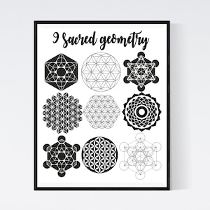 May include: A black and white printable poster with the text "9 Sacred Geometry" and nine different geometric shapes, including the Flower of Life, the Seed of Life, and the Metatron's Cube.