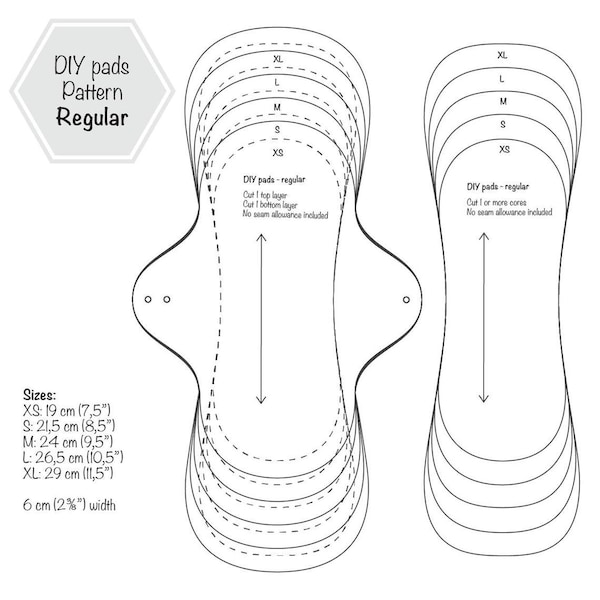 The best DIY menstrual pads sewing pattern in pdf, sizes XS, S, M, L, XL pads, Bestselling, sewing tutorial for beginners, cloth pads