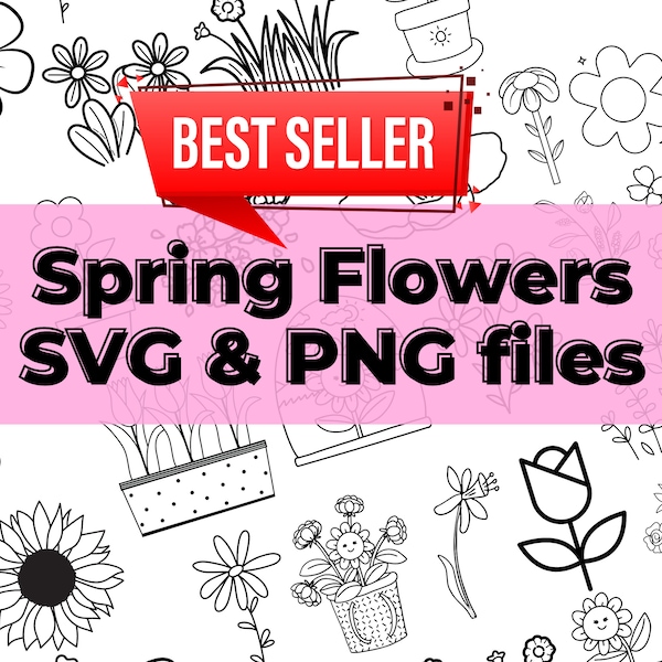 Spring Flowers Bundle SVG, PNG, happy flowers, kids flowers, cartoon flowers, coloring book flowers, cricut, glowforge, plants, digital file
