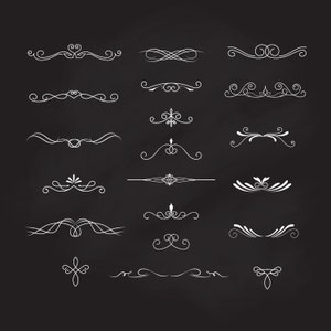May include: A set of 18 white decorative flourishes on a black background. The flourishes are various shapes and sizes, and are perfect for adding a touch of elegance to any design.