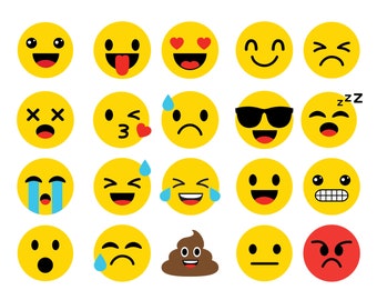 May include: A collection of yellow emoji faces with various expressions, including smiling, crying, angry, and wearing sunglasses. One brown poop emoji is also included. The emojis are designed with black outlines and simple features.