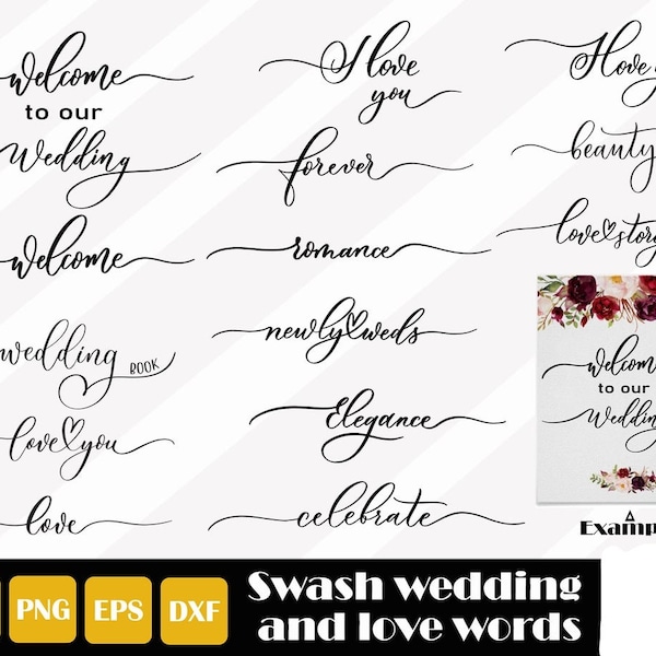 14 Swash Wedding Words, Wedding Welcome Sign Svg, Love Svg, Wedding Sign Cut Files for Cricut and Silhouette, Easy Cut, Instant Download