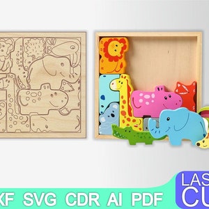 May include: Wooden puzzle with a box and 10 colorful animal pieces. The pieces include a giraffe, elephant, hippopotamus, lion, crocodile, and more. The puzzle is designed for children to learn about animals and develop fine motor skills.