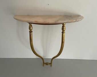 Mid-century Italian Brass and Marble top Floating Wall Console Table, 1950s, Italy