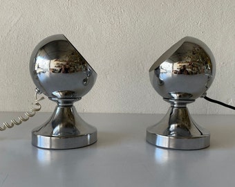 Italian Space Age Chrome Pair of Table Lamps with Magnetic Shades, 1970s, Italy