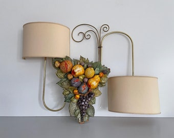 Mid Century Modern Fabric Shade Large Sconce with Fruit and Leaf Ceramic Ornate, Germany, 80s