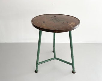 Round Wood Top Industrial Stool with green iron tripod legs, Germany, 1940s