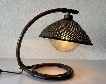 Rare Bamboo & Wicker Bedside Lamp with Air Bubble Glass by Temde, 1960s, Switzerland
