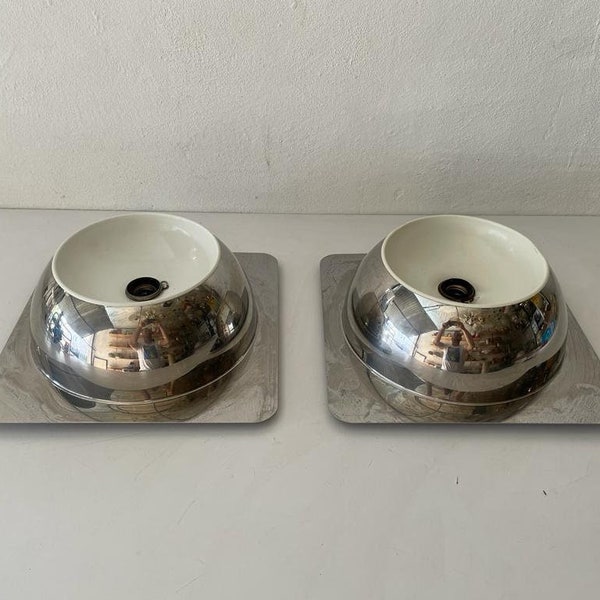 Rare Space Age Pair of Chrome Sconces or Ceiling Lamps by Reggiani, 1970s, Italy