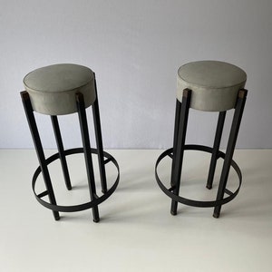 Italian Gray Leather Pair of Bar Stools with circle footrests, 1960s, Italy