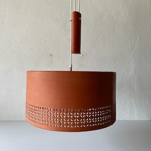 On hold //Cylindrical Leather Shade with Motifs Counterweight Pendant Lamp, 1960s, Germany