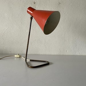 50s Mid-century Conic Red Shade and Brass body Table Lamp