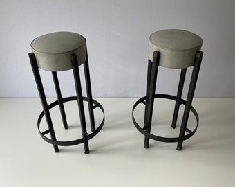 Italian Gray Leather Pair of Bar Stools with circle footrests, 1960s, Italy