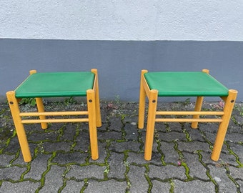 IBISCO Green Leather and Birch Wood Pair of Stools, 1970s, Italy