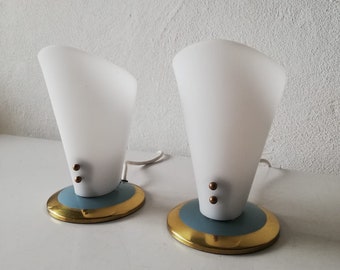 50s curved Hard plastic lampshade pair of beautiful Table Lamps - blue & brass Metal base - Germany