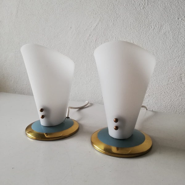 50s curved Hard plastic lampshade pair of beautiful Table Lamps - blue & brass Metal base - Germany