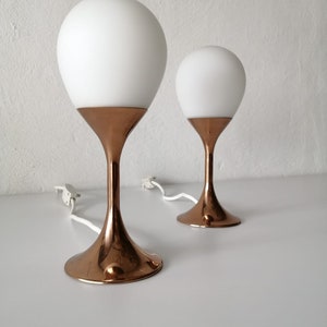 Atomic Age rare Oval Glass & Copper Coloured Metal Tulip Base Pair of Table Lamps - 70s Germany