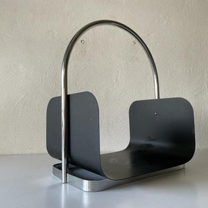 Modernist Arc-shaped Chrome and Black Metal Magazine Stand, 1970s, Germany