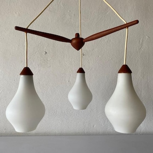 Scandinavian Modern Triple Opal Glass & Teak Body Ceiling Lamp, 1960s Denmark